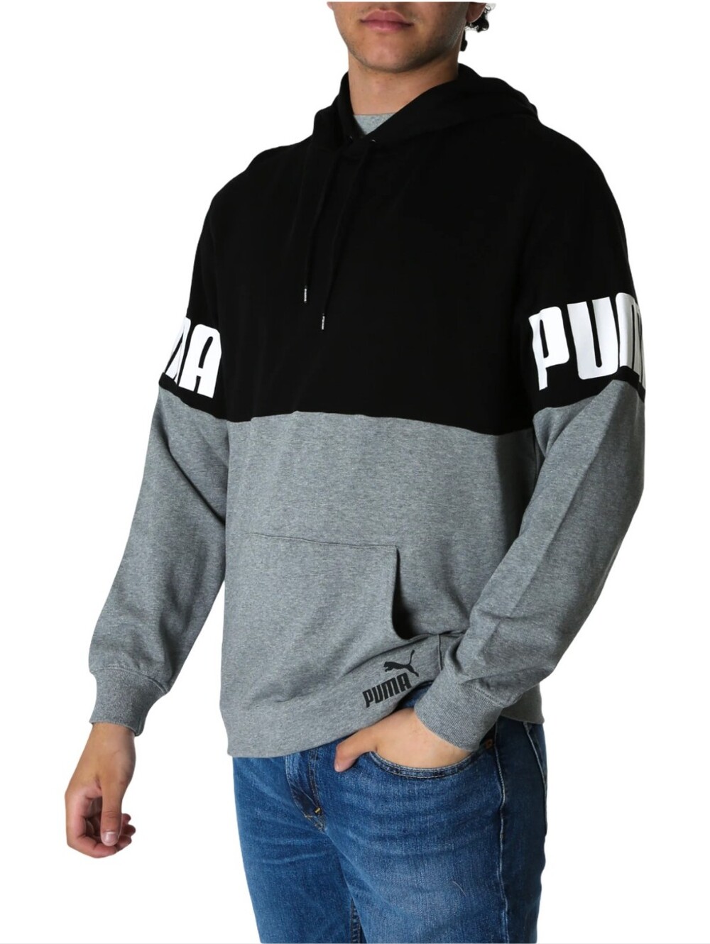 Puma Color Block Men's Hoodie Size XXL Black & Grey With Sleeve Logo